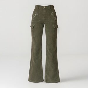 Vintage Jordache Corduroy Cargo Pants Green Embroidered Floral Y2K 9/10 90s